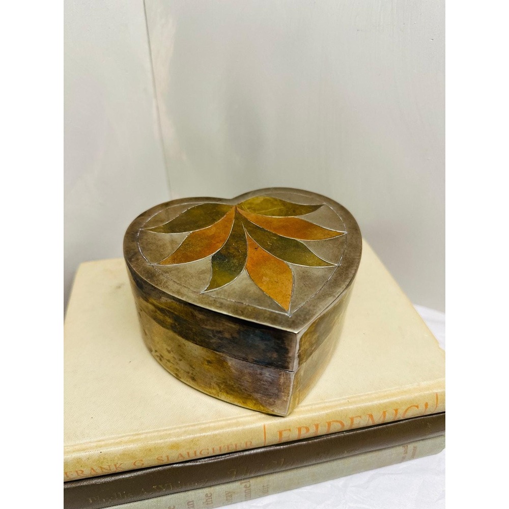 Vintage Mixed Metal Heart Trinket Box Brass Copper Inlay Leaf Jewelry Keepsake